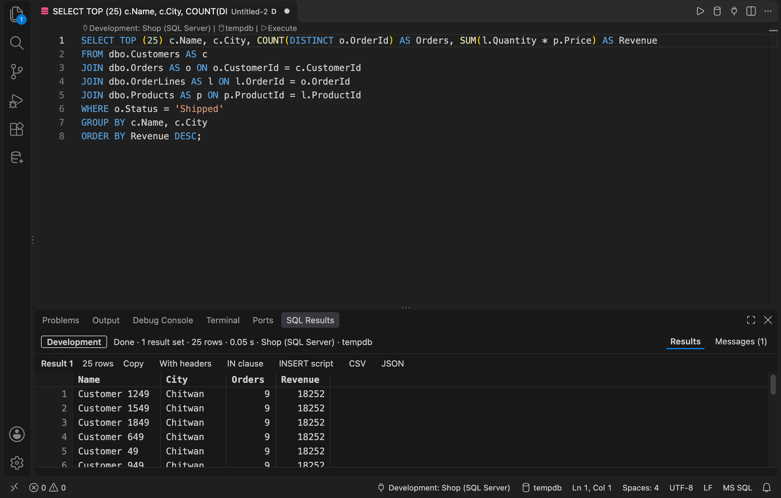 Results in the SQL Results view of the panel, dark theme