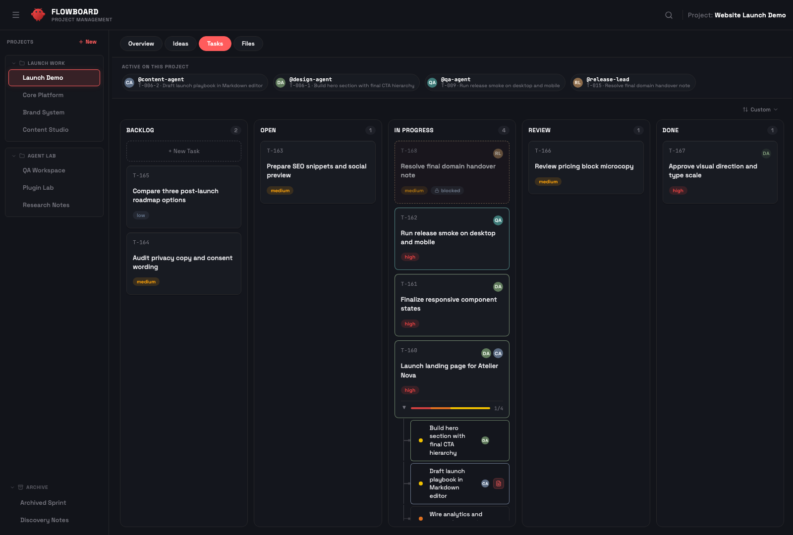 FlowBoard Kanban — agents and you on the same board