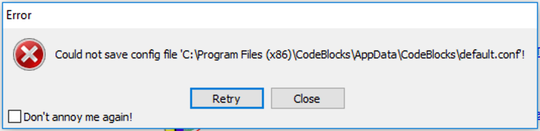 Code::Blocks cannot save configuration in Windows 10
