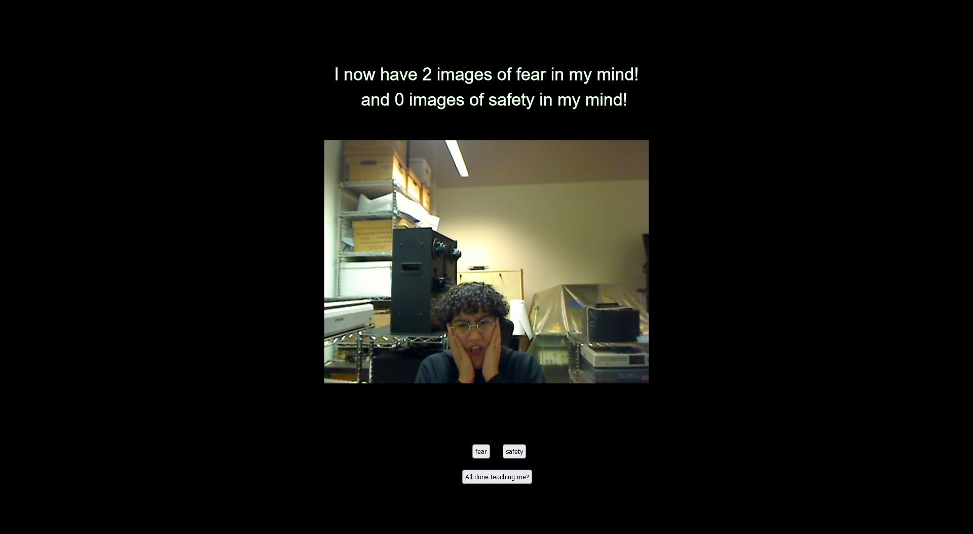 screencap of a webpage featuring webcam feed of a person appearing frightened.