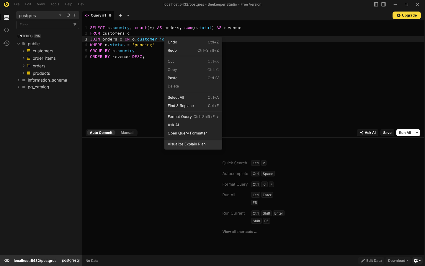 The query editor's context menu with Visualize Explain Plan