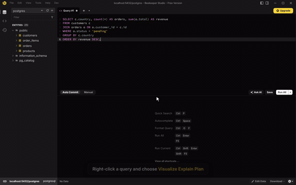 Walkthrough: right-click a query, open its plan, run Explain Analyze and jump to the slow step