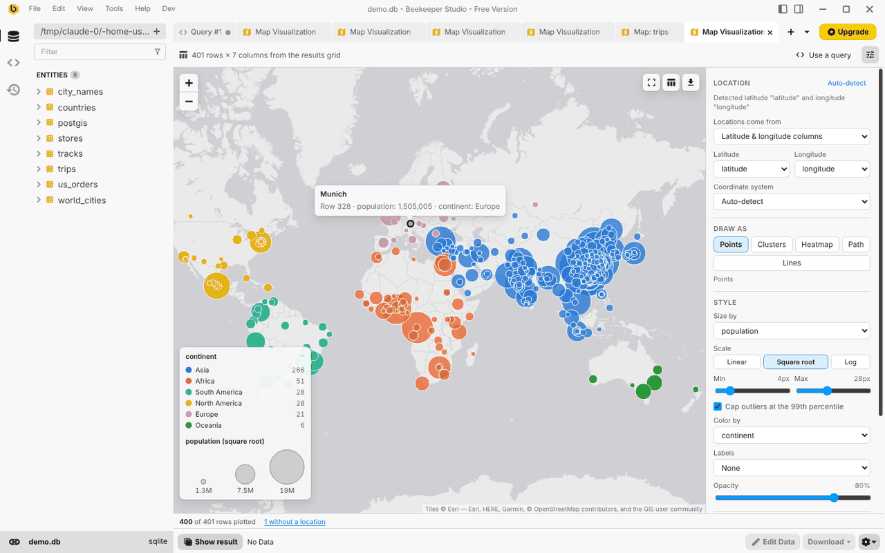 Bubbles sized by population and colored by continent