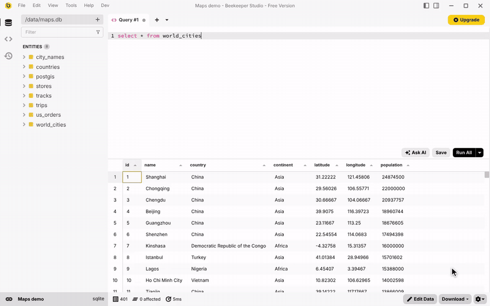 Demo: plotting query results as bubbles, a heatmap, clusters, US states, trip lines and GPS paths