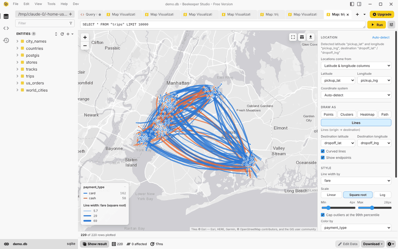 Taxi trips drawn as origin → destination lines