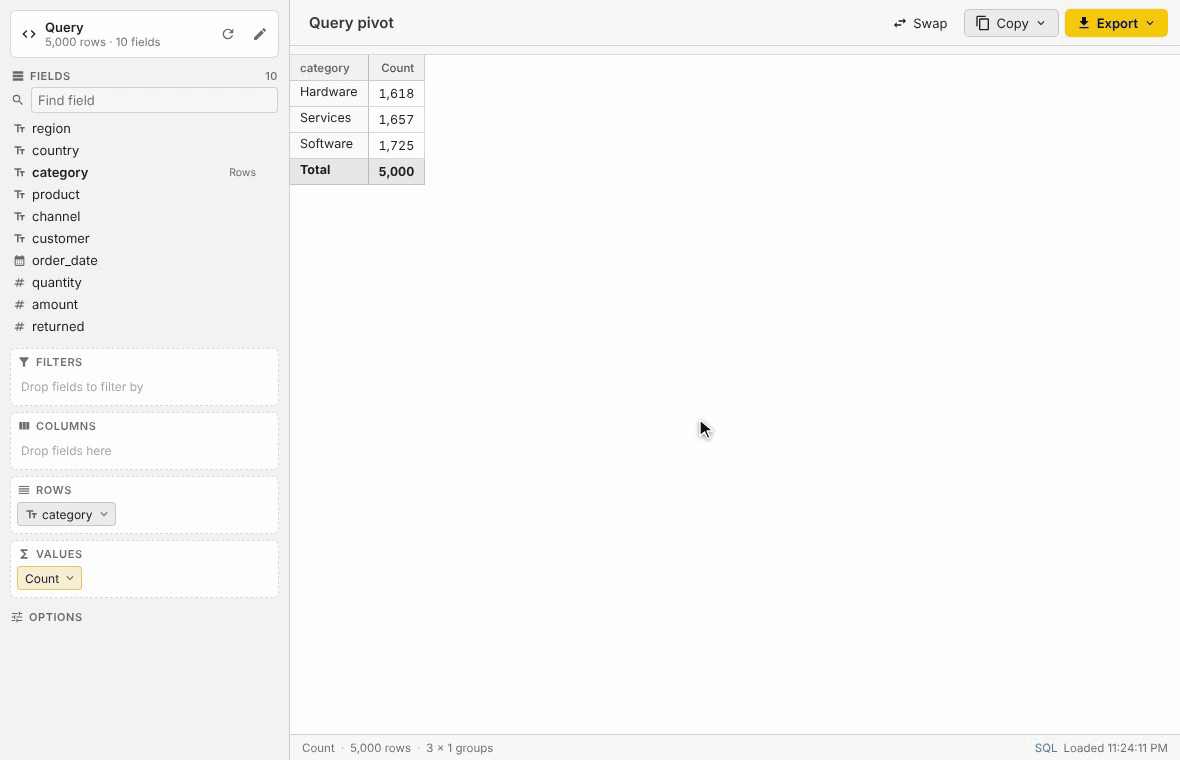 Building a pivot table: dragging fields into rows, columns and values, grouping dates by year, adding subtotals, a heatmap and a filter, then exporting