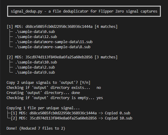 Screenshot of signal_dedup.py in action