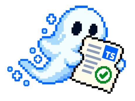 A pixel-art ghost carrying a TypeScript document with a green checkmark