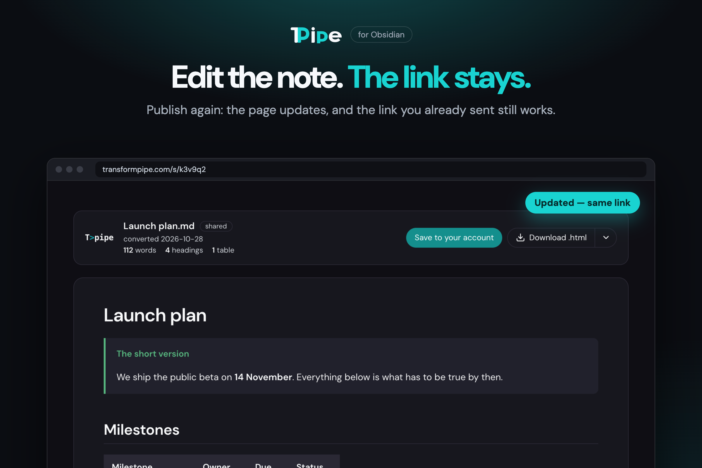 Edit the note, the link stays