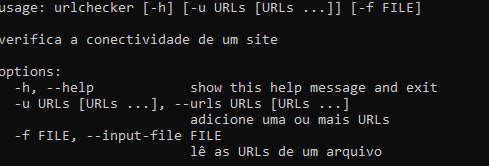 screenshot do terminal mostrando as opções do programa urlchecker