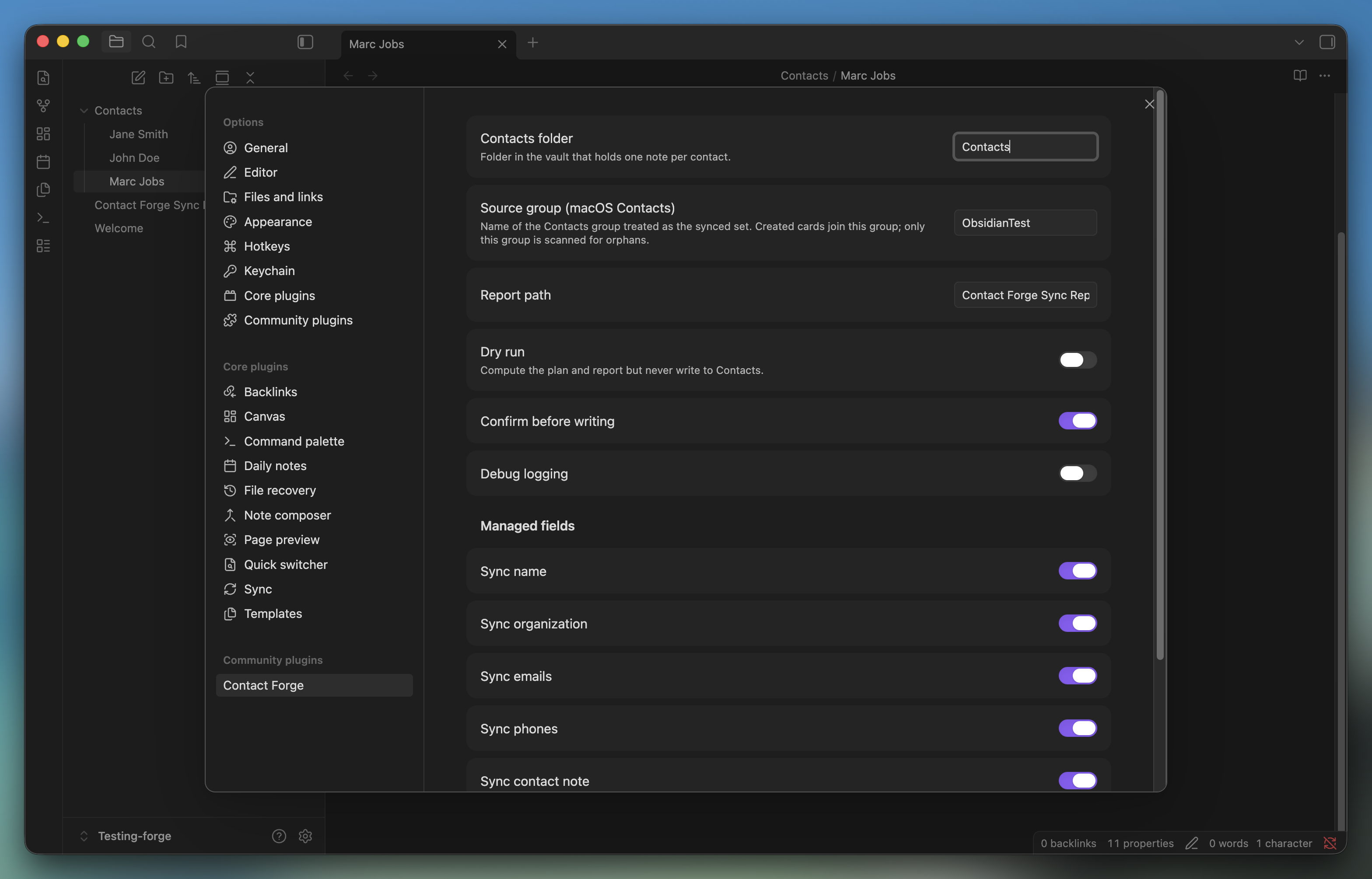 Contact Forge settings