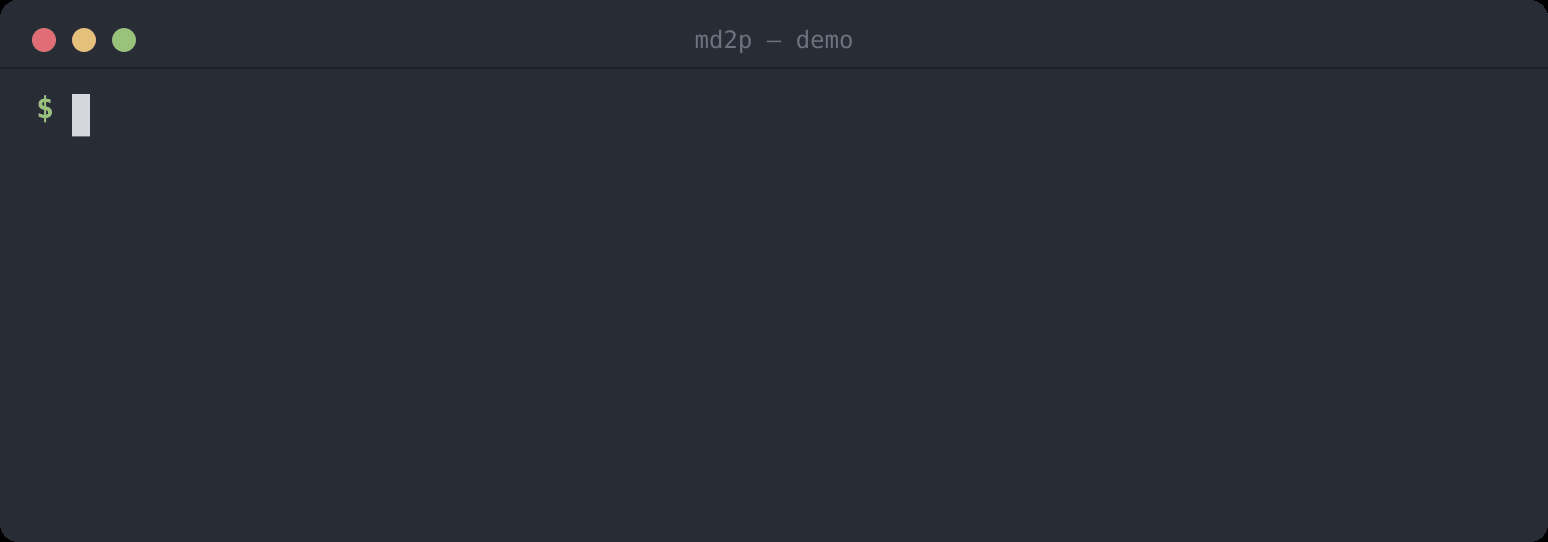 md2p rendering a Markdown file in the terminal: headers, bold, italic, inline code, links, lists, and hidden-byte detection