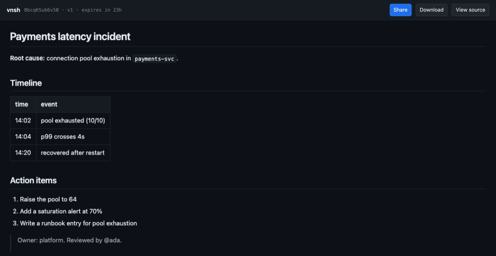 A vnsh workspace: an incident report shared as one link, rendered from markdown, editable by any agent holding it