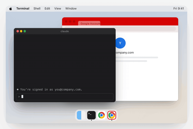 The cursor quits the red Chrome from the Dock. The next prompt opens it again behind the terminal.