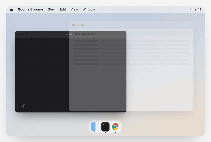 Chrome is in front. ⌘Q quits it, and the Dock dot under Chrome goes away.