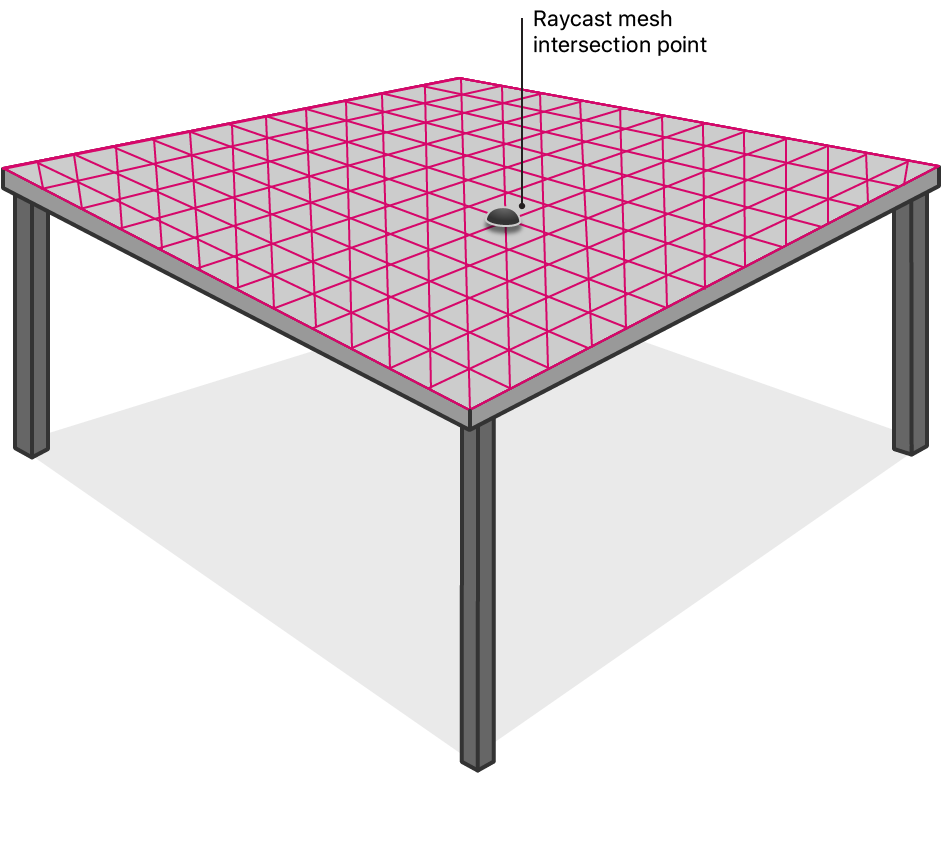 Screenshot of a virtual sphere placed on the surface of a mesh that intersected the user's raycast.