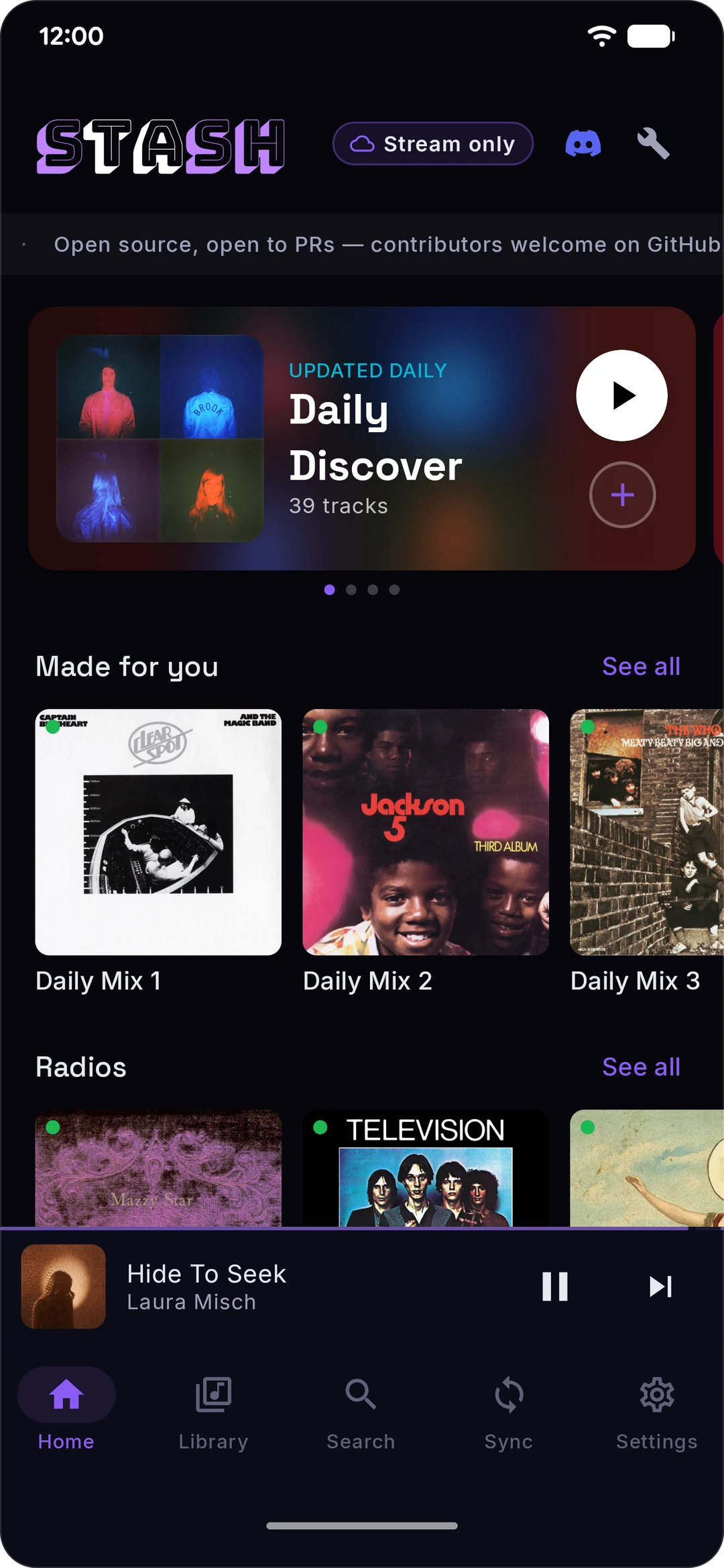 Home: Daily Discover, your mixes and radios (dark theme)