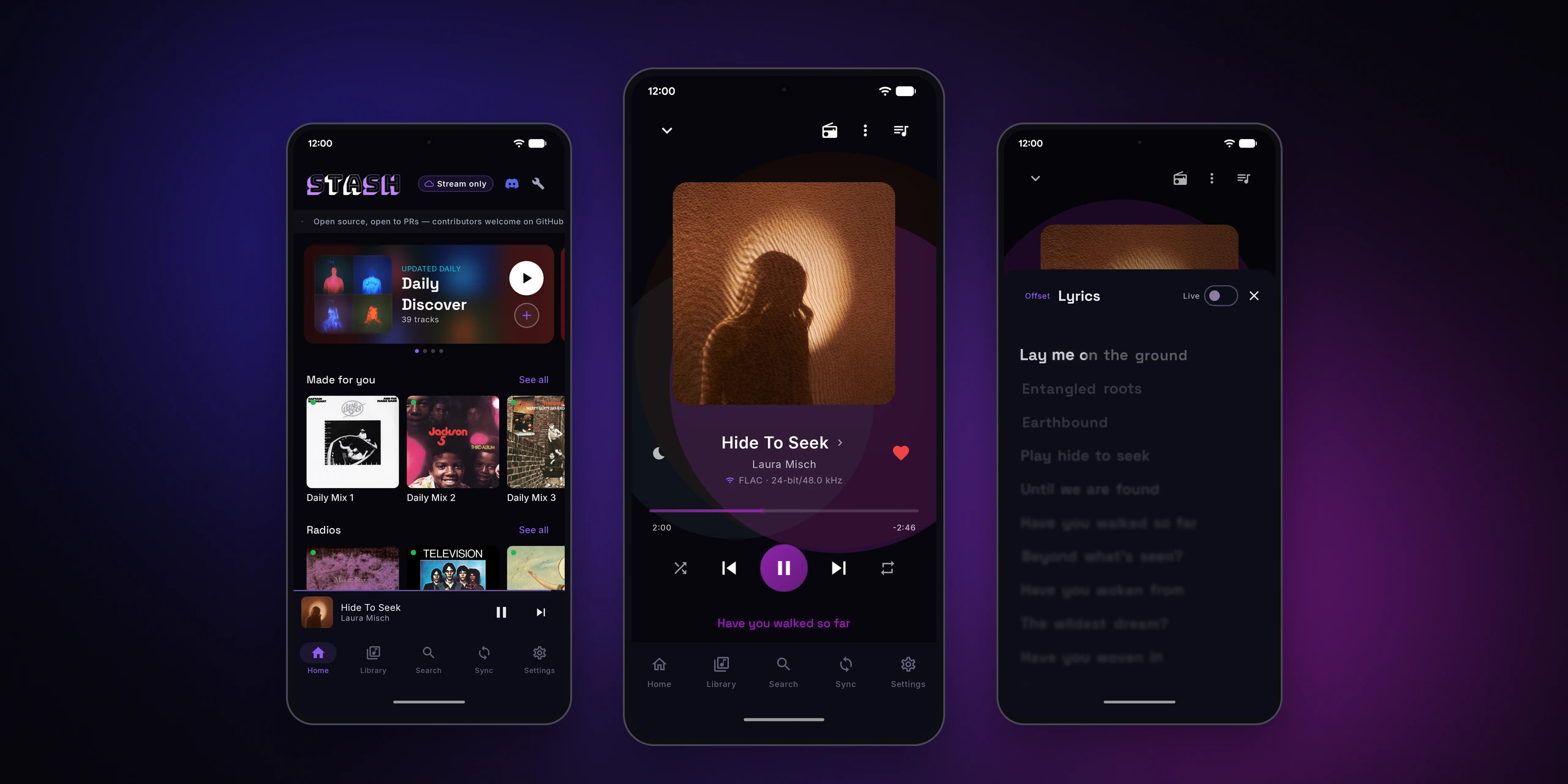 Stash on three phones: Home with Daily Discover, Now Playing with a lossless FLAC track, and word-synced lyrics