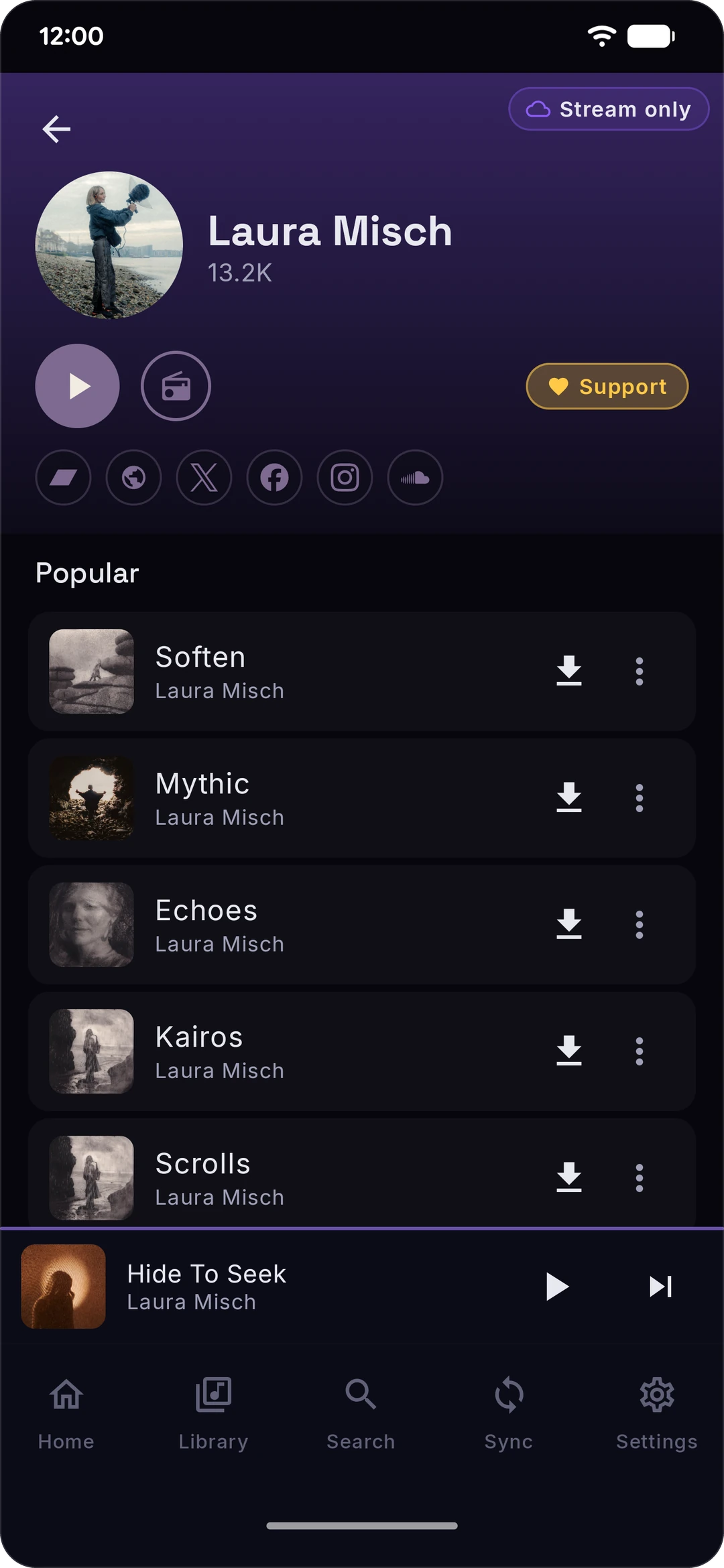 An artist page (dark theme)