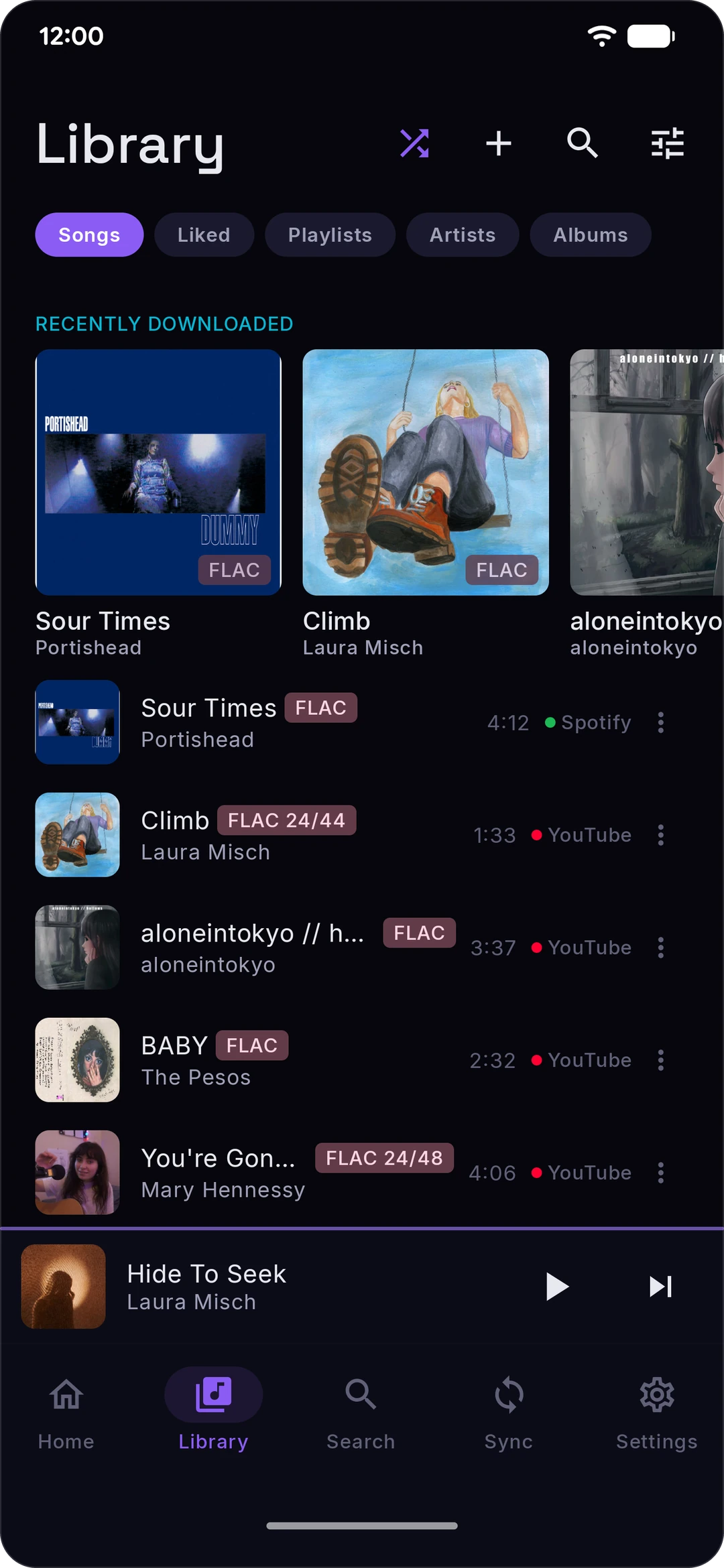 Library: songs from Spotify and YouTube, with their FLAC quality (dark theme)