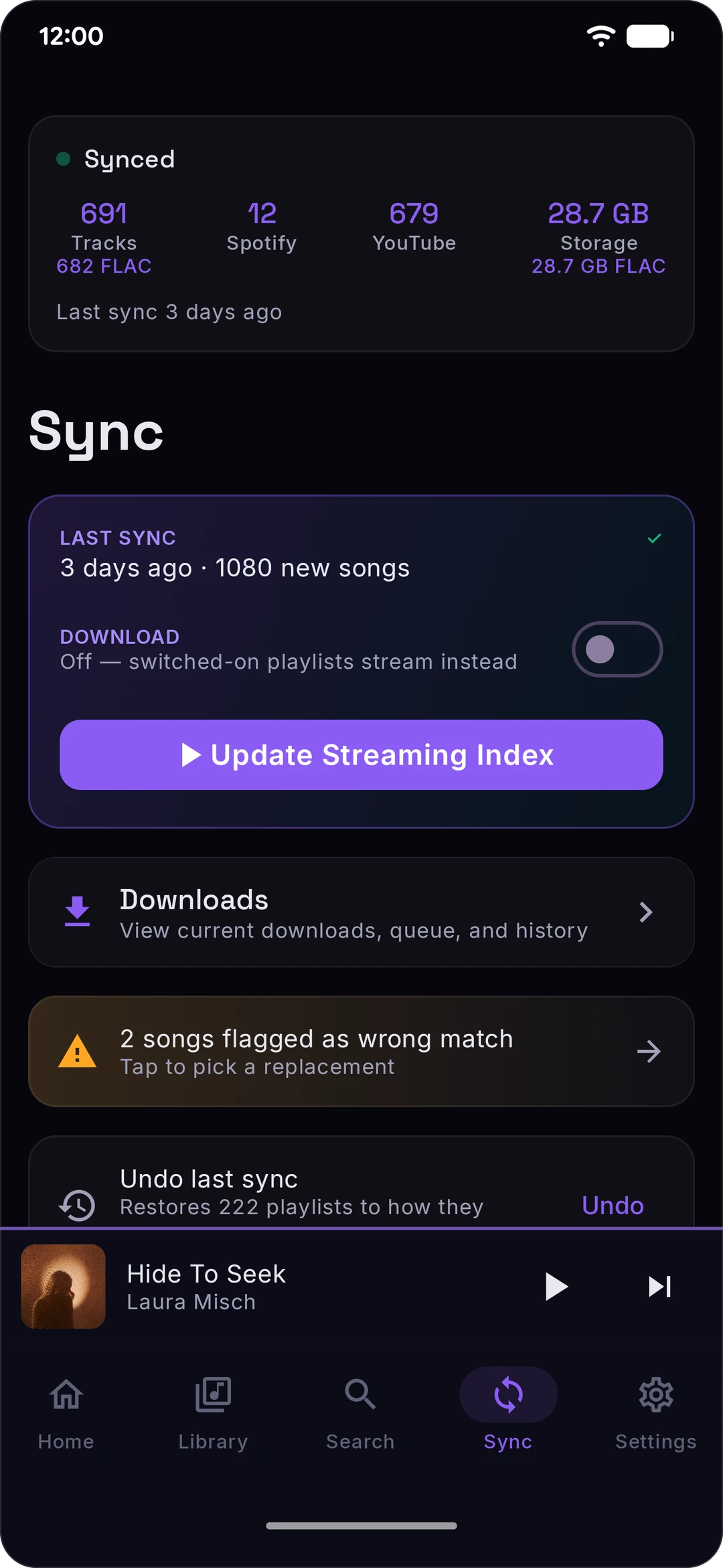 Sync: your library at a glance (dark theme)