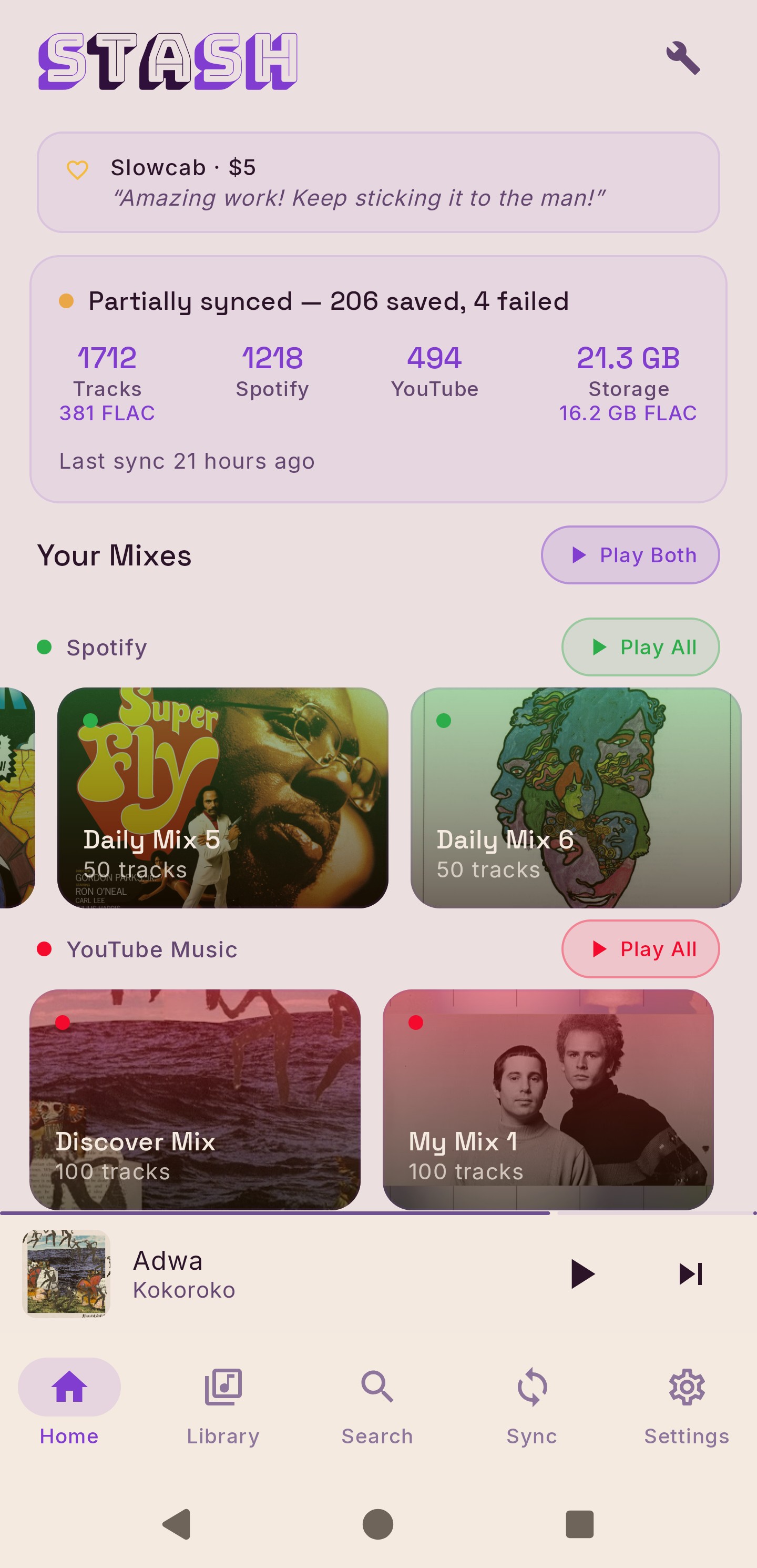 Home screen with tip jar, sync stats, and Daily Mixes