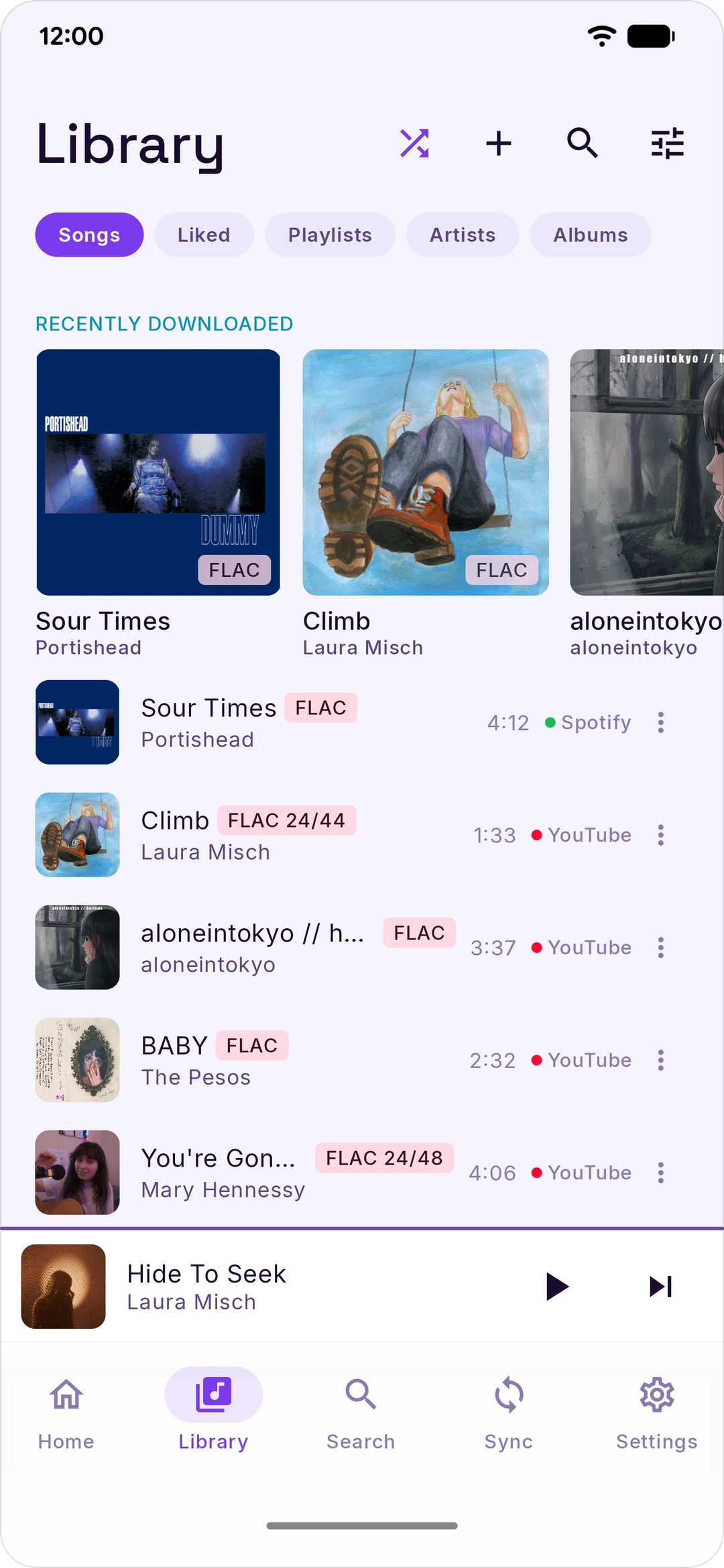 Library: songs from Spotify and YouTube, with their FLAC quality (light theme)