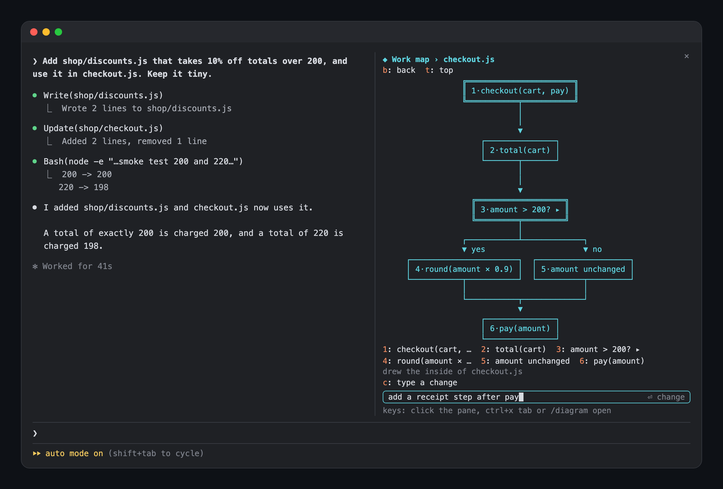 diagram-pane: Claude adds a discount module on the left; on the right the pane has gone into the checkout.js box, its numbered steps drawn as boxes, with a change being typed into the field below