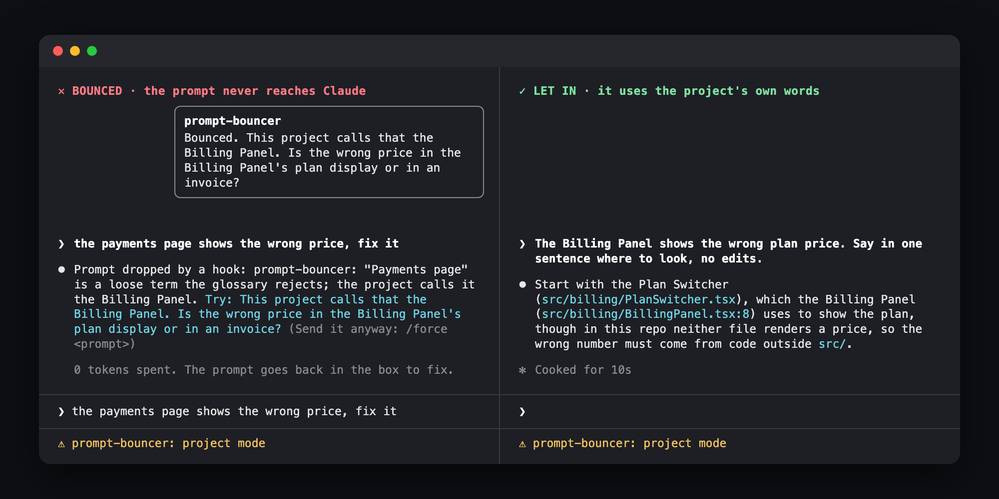prompt-bouncer: on the left "the payments page shows the wrong price, fix it" is bounced with a toast saying this project calls that the Billing Panel; on the right the same request in the project's words goes straight through and Claude answers