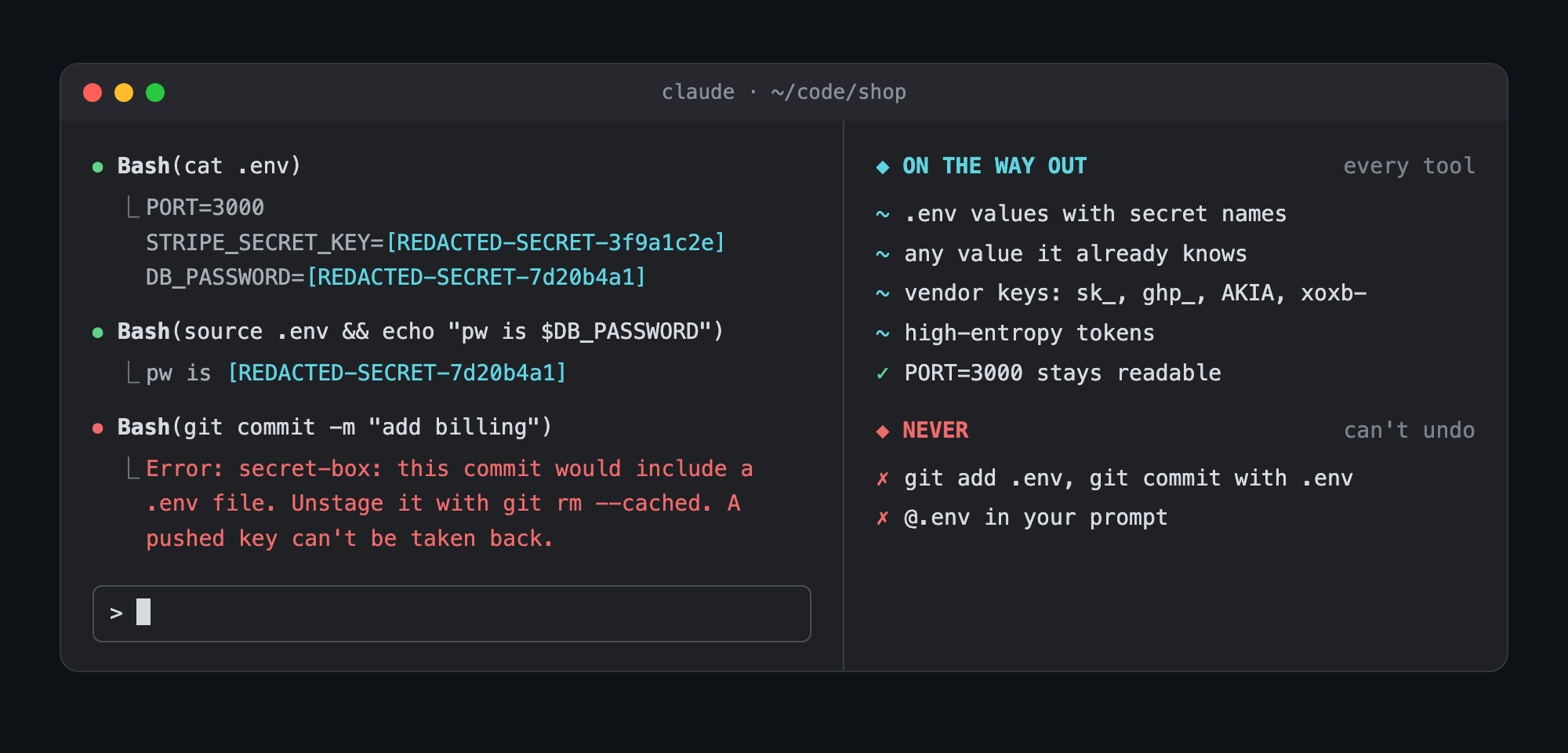 On the way out: cat .env shows PORT=3000 and placeholders for STRIPE_SECRET_KEY and DB_PASSWORD, echo of the password comes back as the placeholder, and a git commit with .env staged is refused