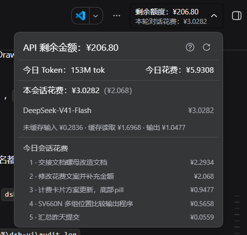 详情面板特写：API 剩余金额、今日 Token 与今日花费、未缓存输入/缓存读取/输出桶明细行与今日会话花费排行
