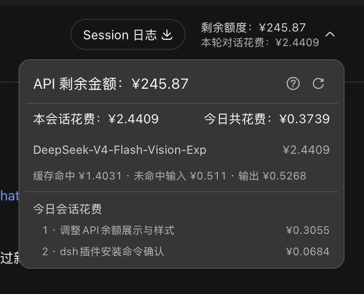 Detail panel close-up: API remaining amount, this session's spend next to today's all-session spend, per-model rows and today's session ranking