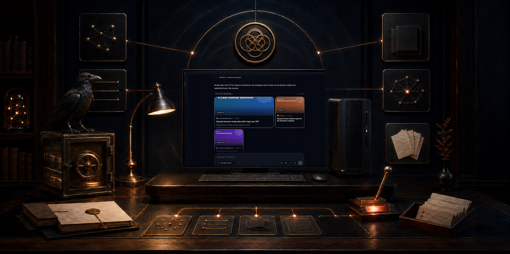 The private study of Sir Thaddeus, with the pixel-authentic application on the monitor, local compute, a memory vault, permission controls, evidence, and a watchful raven familiar
