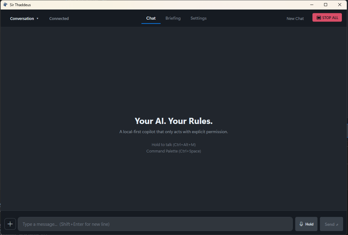 Sir Thaddeus desktop UI showing permission-based local AI workflow