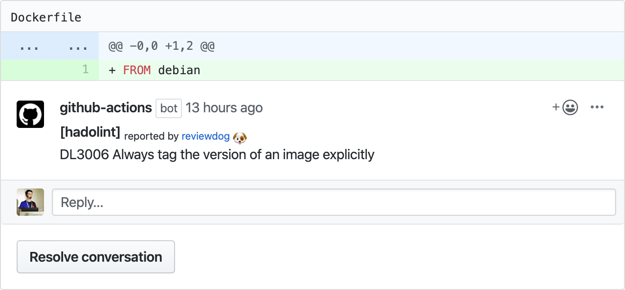 Example comment made by the action, with github-pr-review