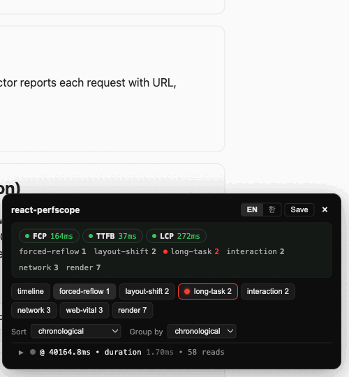 react-perfscope panel: overview, an expanded forced-reflow call stack, and the render tab