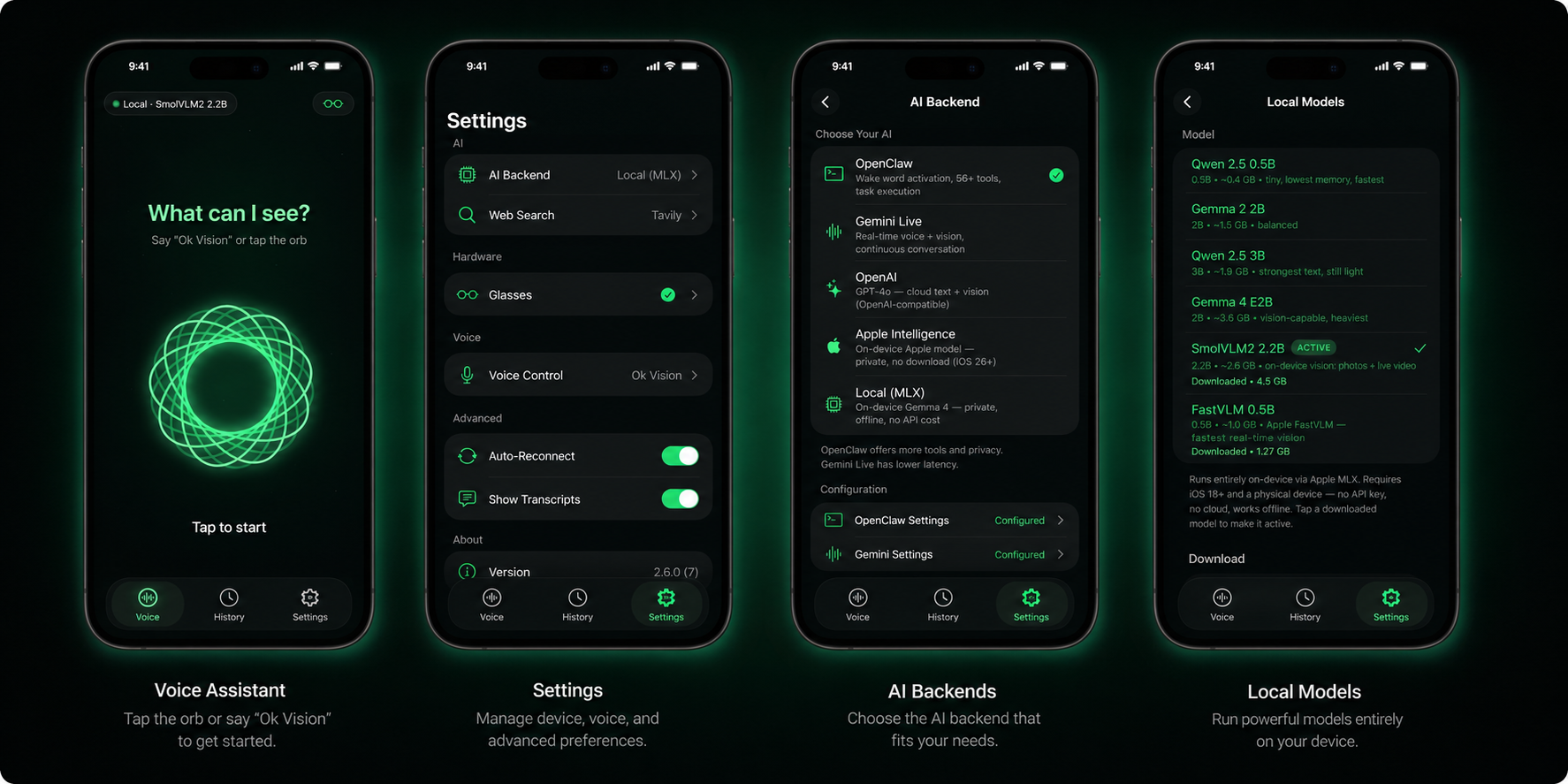 OpenVision screens — Voice Assistant, Settings, AI Backends, Local Models