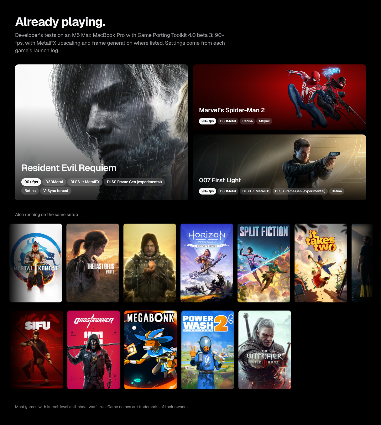 Games running with Bridgeplay: Resident Evil Requiem, Marvel's Spider-Man 2, 007 First Light and more