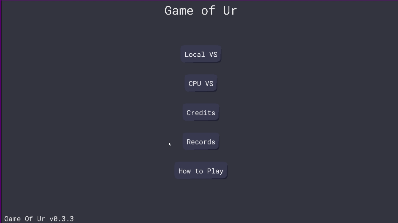 A screenshot of Game of Ur's main menu. A screenshot of the game's main menu.