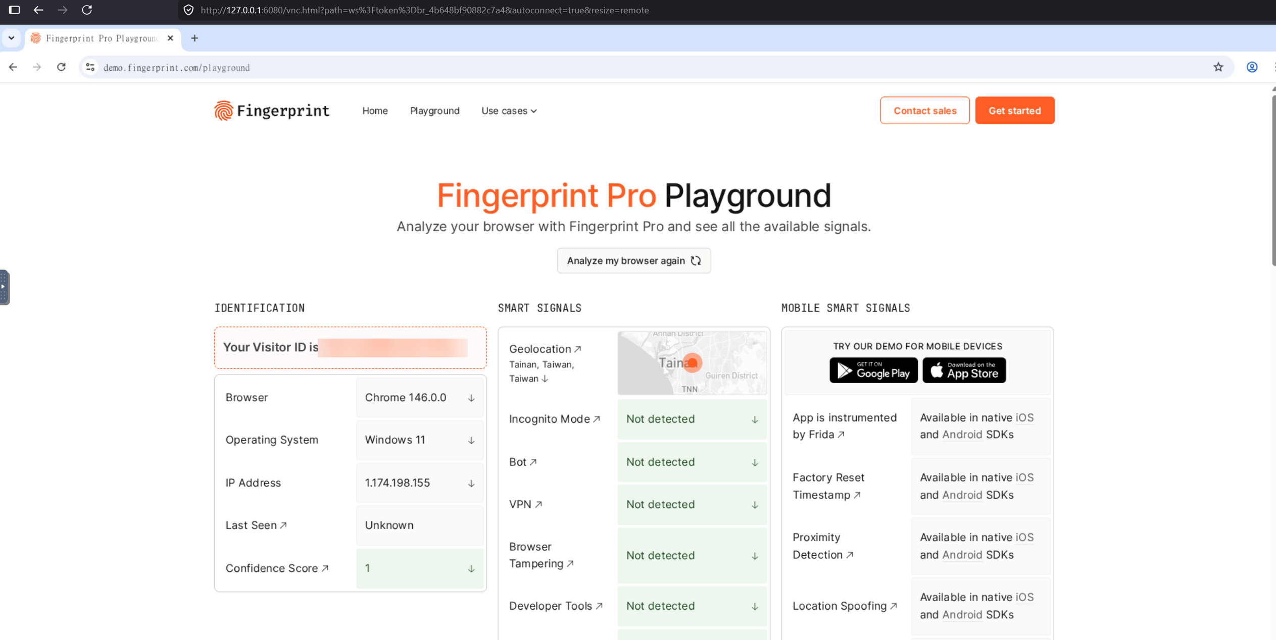 rayobrowse passing the Fingerprint.com playground