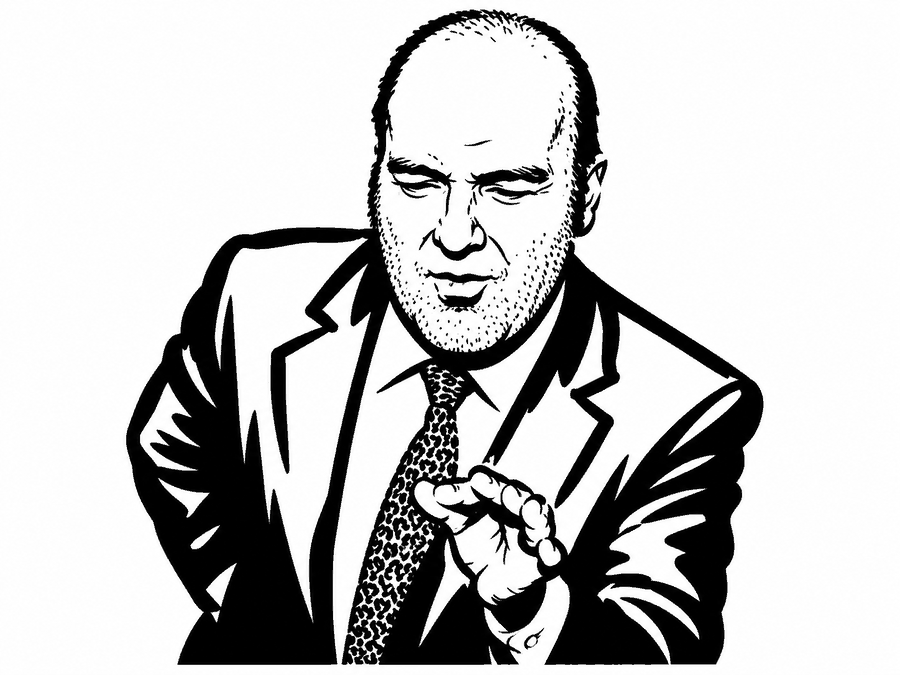 Ink drawing of a man in a suit and leopard-print tie, pinching his fingers as if picking something out
