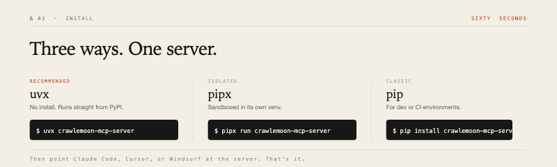 Three install paths — uvx, pipx, pip