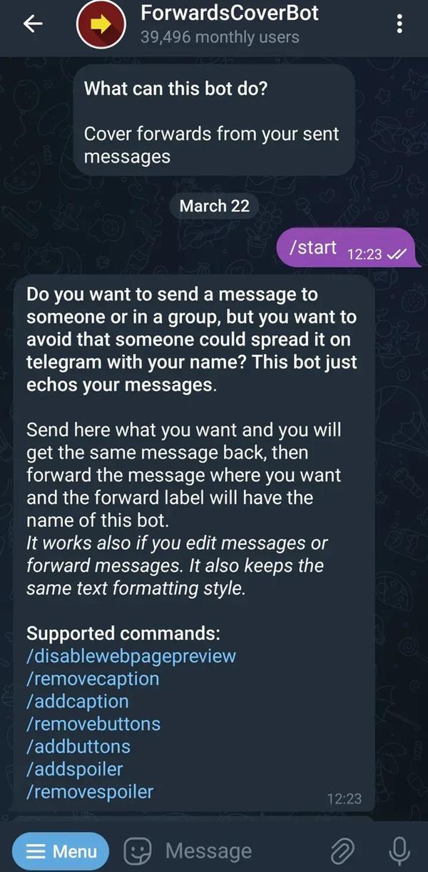 Анонимная пересылка сообщений в Telegram с помощью ForwardsCoverBot