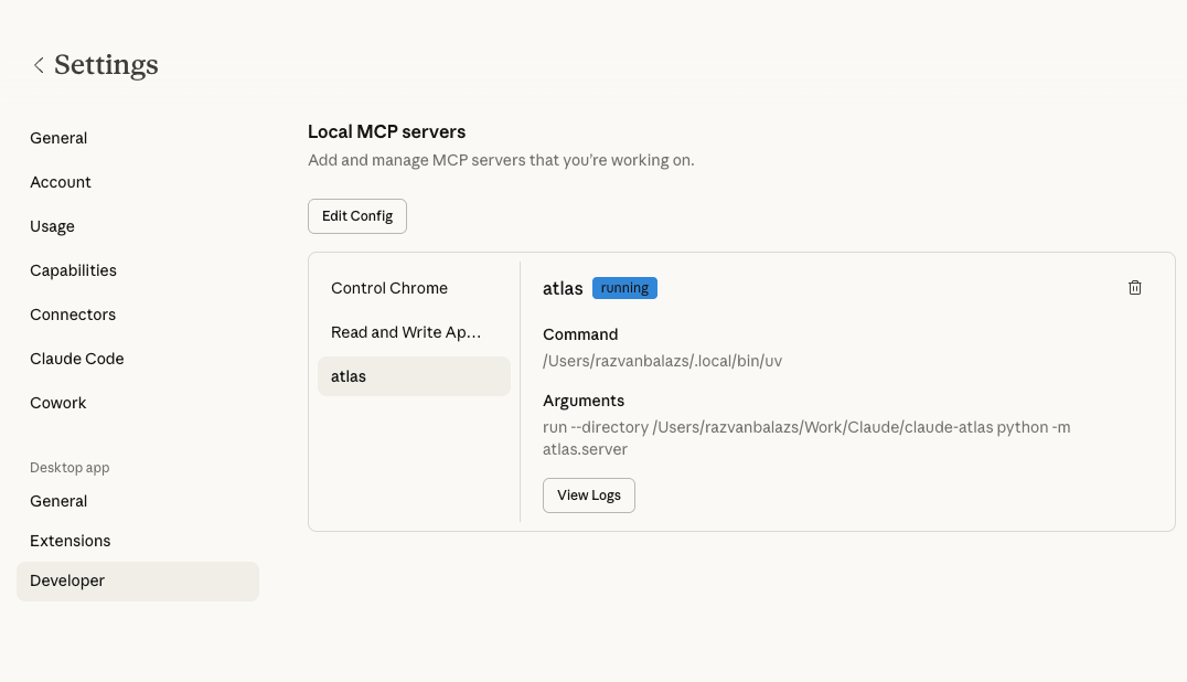 Claude Desktop MCP settings showing atlas server running