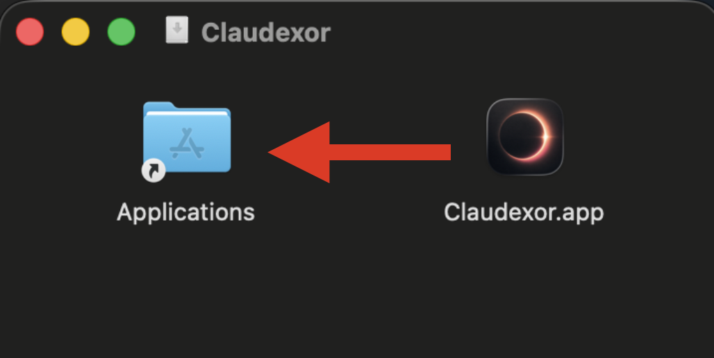 Installing the macOS app: the mounted DMG window with Claudexor.app being dragged into the Applications folder