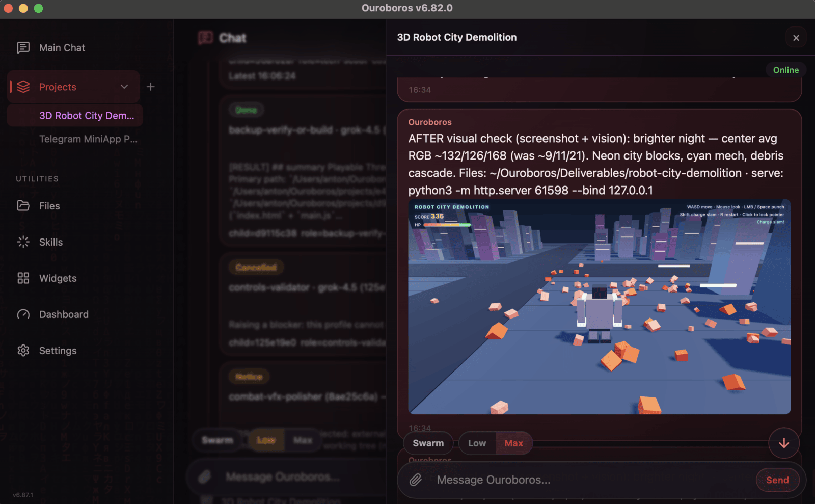 A project room where Ouroboros built a 3D game, verified it with a screenshot, and served it locally