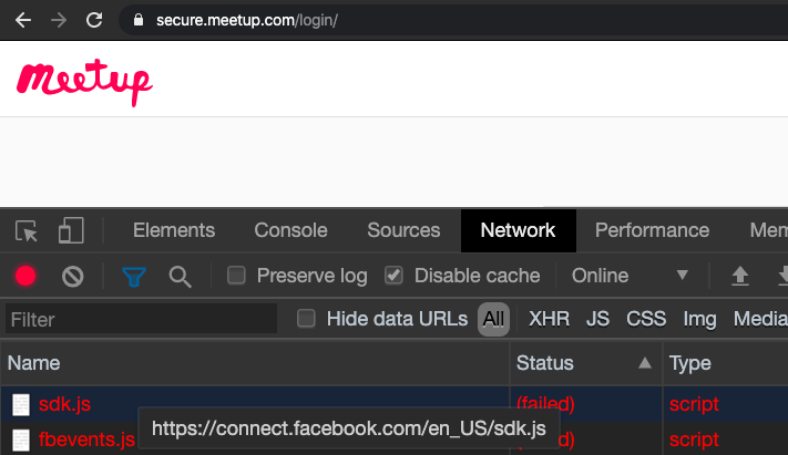 Browsing meetup.com with these settings causes Facebook's fbevents.js and sdk.js to not load.