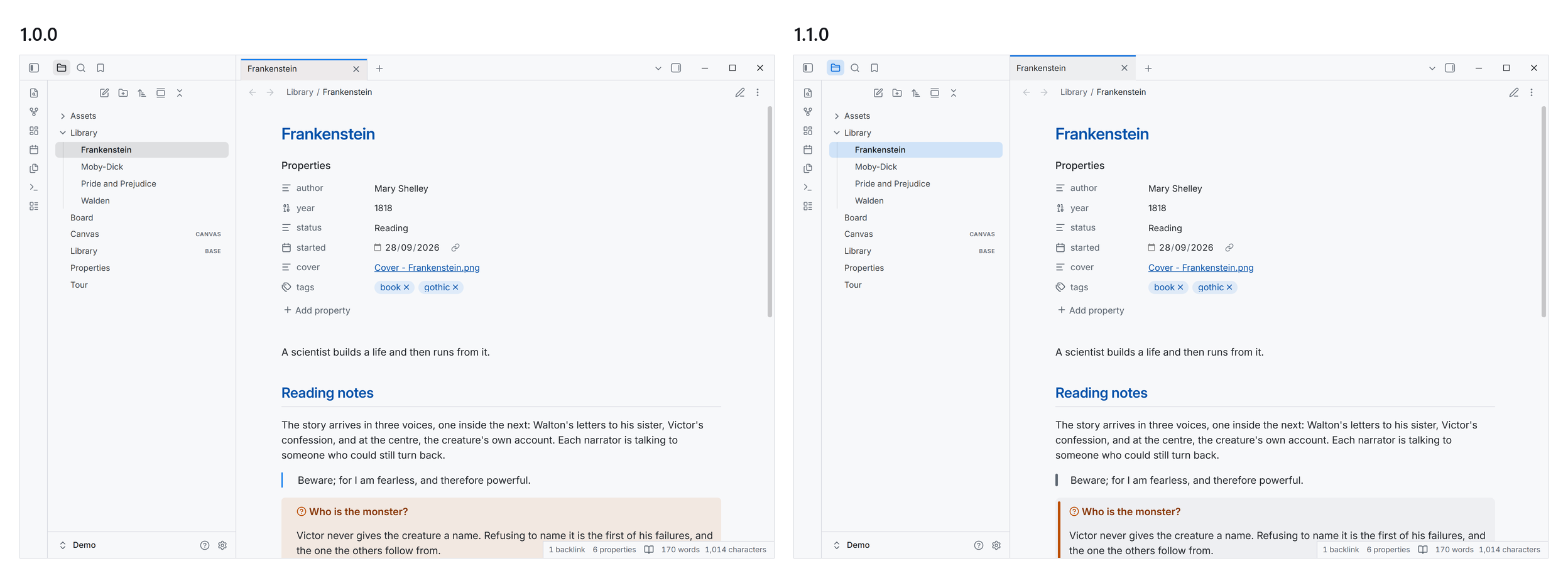 The same note in 1.0.0 and 1.1.0, side by side, in light mode