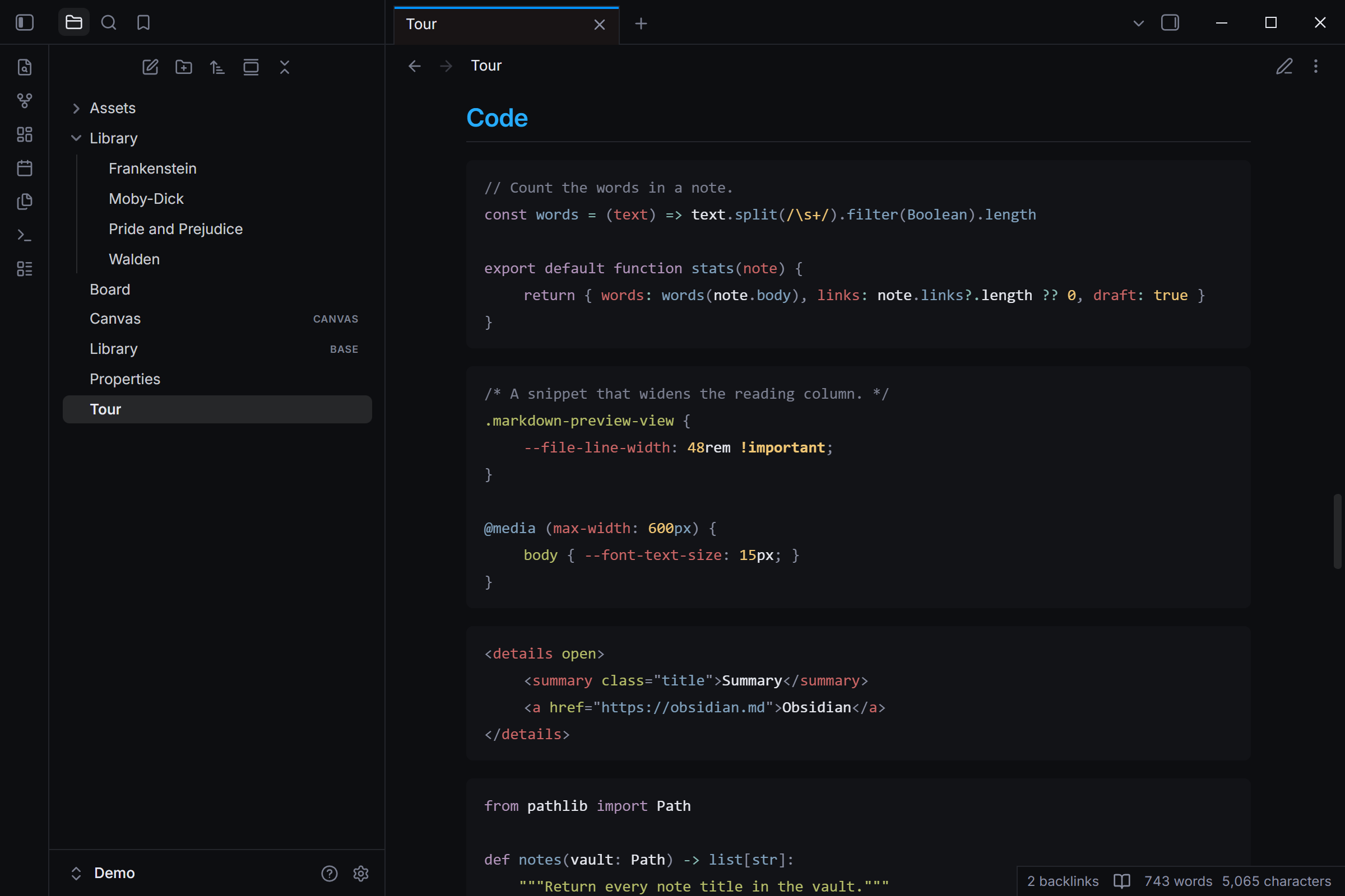 Code blocks in JavaScript, CSS, HTML and Python, in dark mode