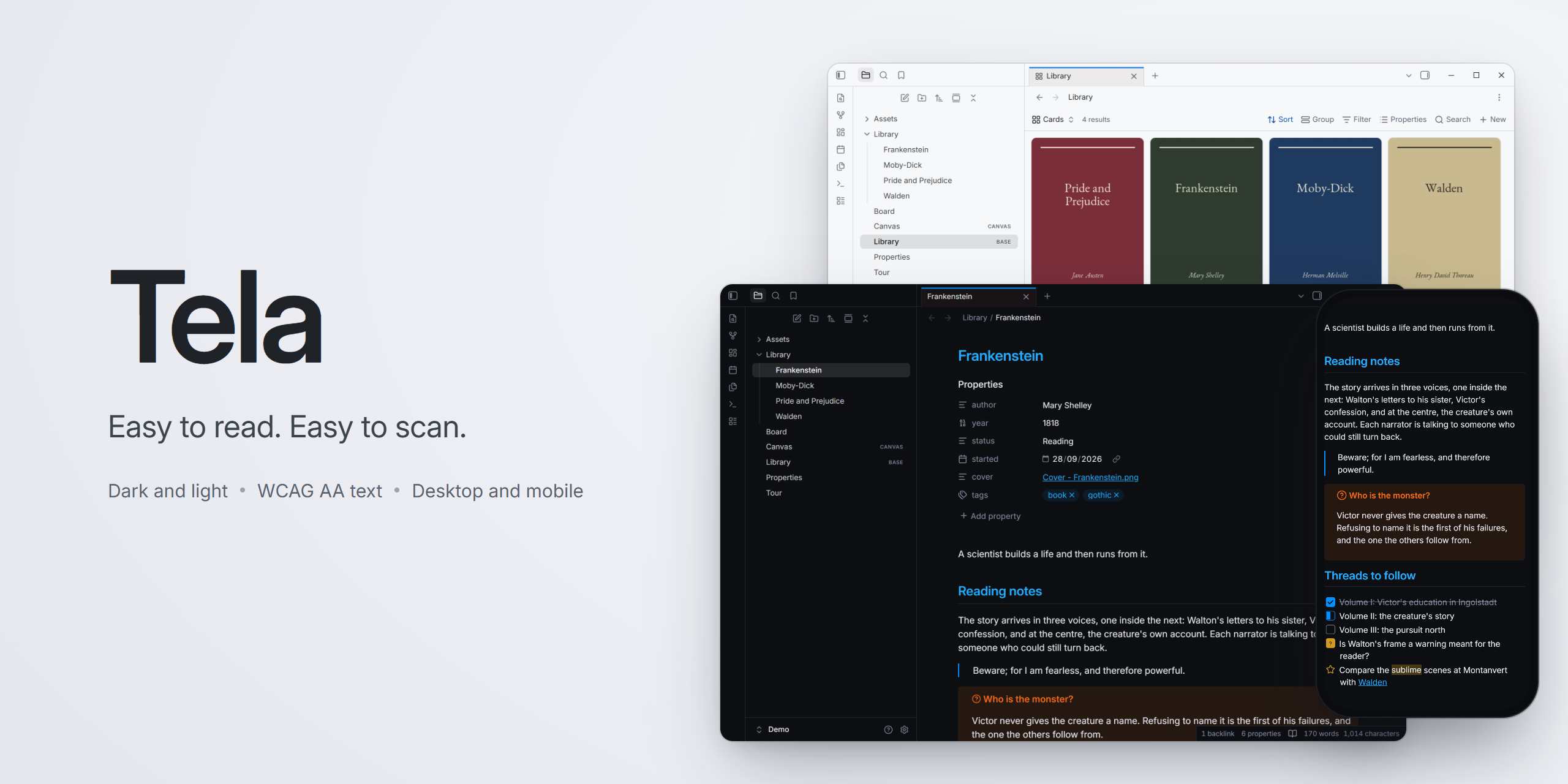 Tela, an Obsidian theme that is easy to read and easy to scan: a reading note in dark mode, the Library's book covers in light mode, and the same note on a phone